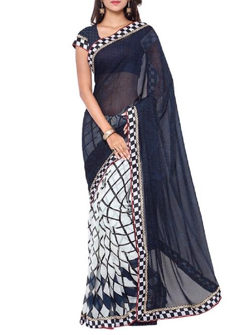 black & white georgette printed half and half saree with blouse - 13382219 - Very Small Image - 1