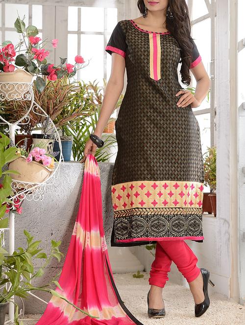 brown chanderi cotton embroidered churidaar suits dress material - 13382325 - Very Small Image - 1