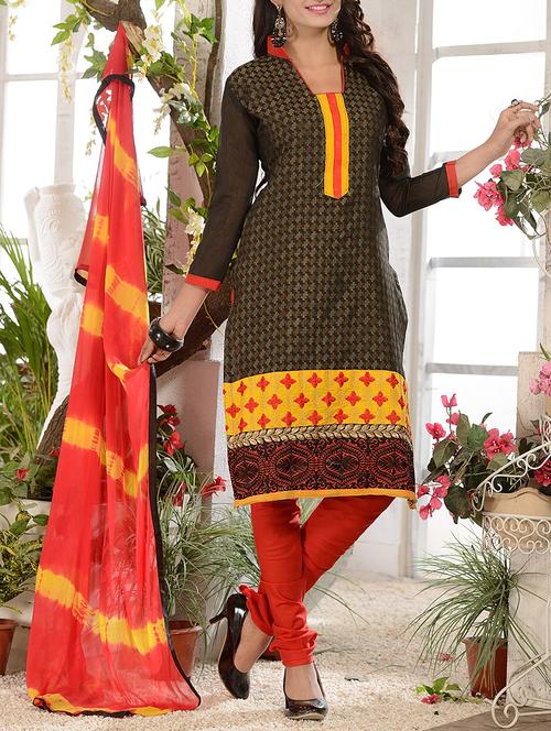 brown chanderi cotton embroidered churidaar suits dress material - 13382326 - Very Small Image - 1
