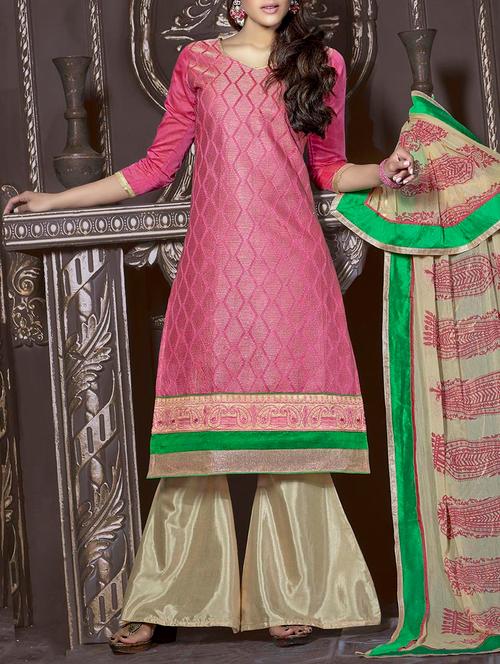 pink chanderi cotton embroidered straight dress material - 13382342 - Very Small Image - 1