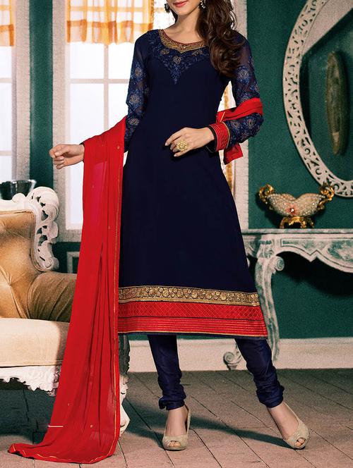 blue gerogette embroidered straight dress material - 13382378 - Very Small Image - 1