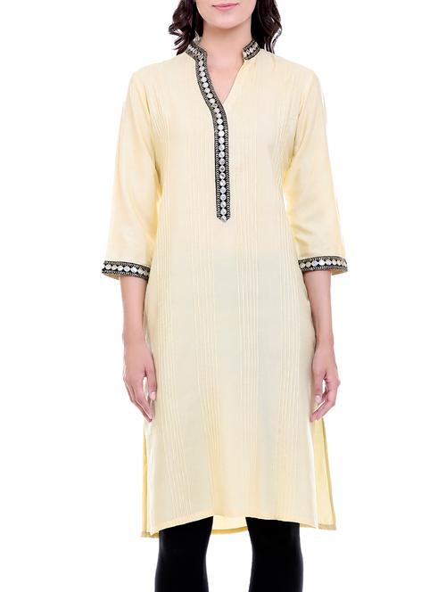 yellow silk straight pintucks kurti - 13385541 - Very Small Image - 1