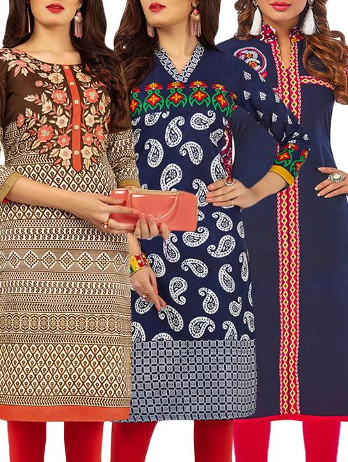 set of 3 multi colored cotton unstitched kurta - 13388188 - Very Small Image - 1