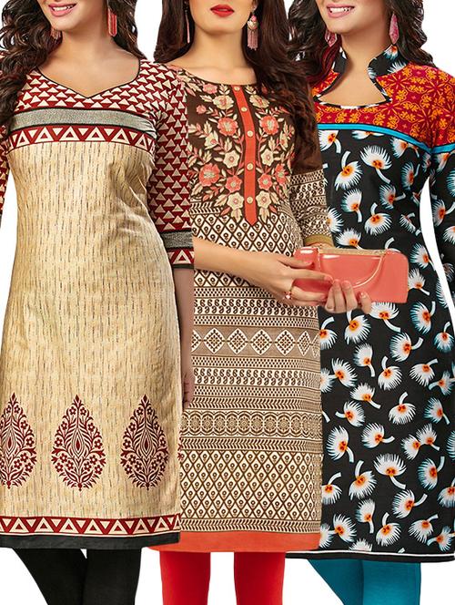 set of 3 multi colored cotton unstitched kurta - 13388228 - Very Small Image - 1