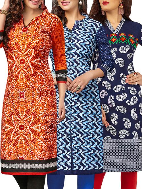 set of 3 multi colored cotton unstitched kurta - 13388272 - Very Small Image - 1