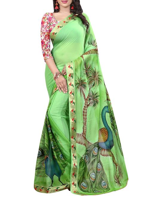 green nylon printed saree with blouse - 13389456 - Very Small Image - 1