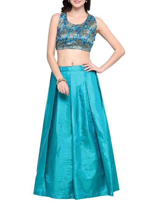 blue satin solid flared lehenga - 13390321 - Very Small Image - 1