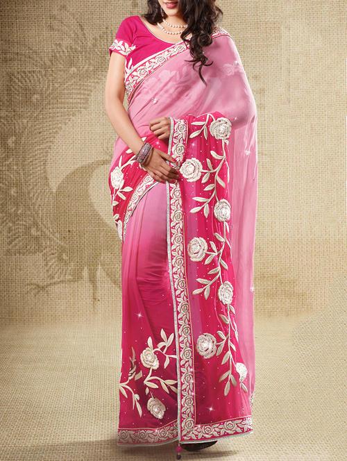 pink viscose embroidered saree with blouse - 13398045 - Very Small Image - 1