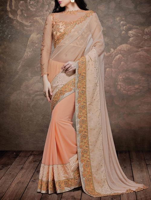 peach net half and half saree with blouse - 13407150 - Very Small Image - 1