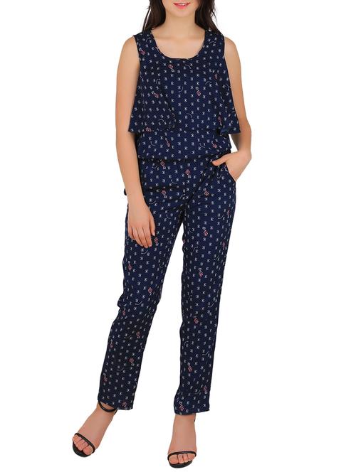 navy blue printed crepe full leg jumpsuit - 13411528 - Very Small Image - 1