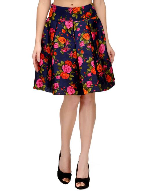 navy blue floral print silk blend pleated skirt - 13417964 - Very Small Image - 1