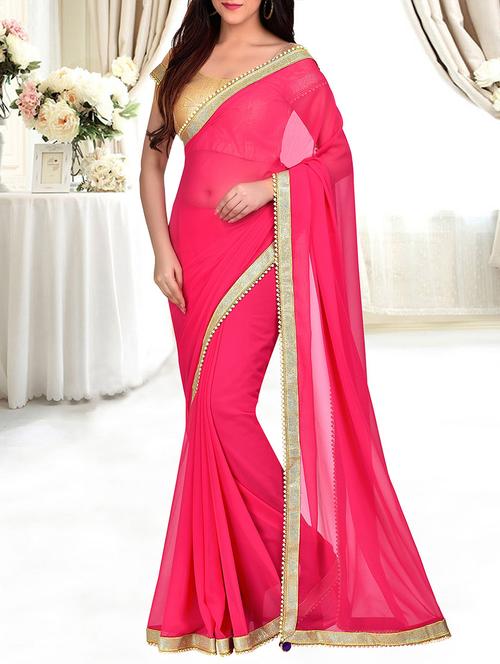 pink georgette plain bordered saree with blouse - 13422099 - Very Small Image - 1