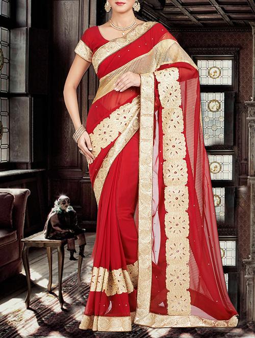 red georgette self design embroidered saree with blouse - 13422112 - Very Small Image - 1