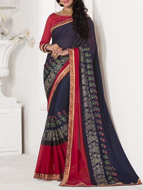 blue georgette printed saree with blouse - 13422268 - Very Small Image - 1