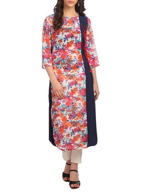 pink crepe floral printed long kurta - 13425769 - Very Small Image - 1