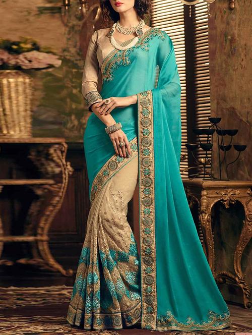 sky blue & beige synthetic half & half saree with blouse - 13426269 - Very Small Image - 1