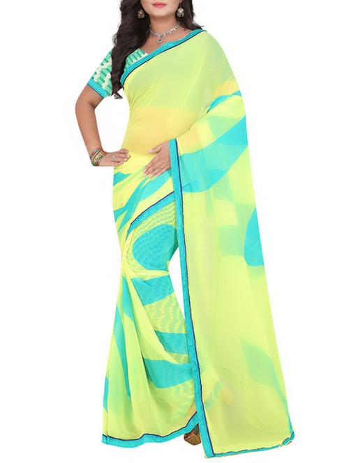 lemon yellow and aqua blue printed  georgette saree with blouse - 13427752 - Very Small Image - 1
