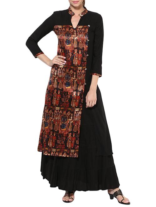 black silk printed long kurta - 13427819 - Very Small Image - 1