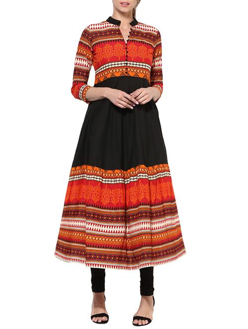 black cotton printed a-line kurta - 13427823 - Very Small Image - 1