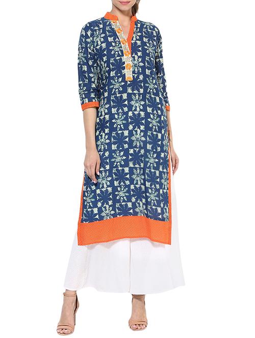 indigo cotton straight kurta - 13427833 - Very Small Image - 1