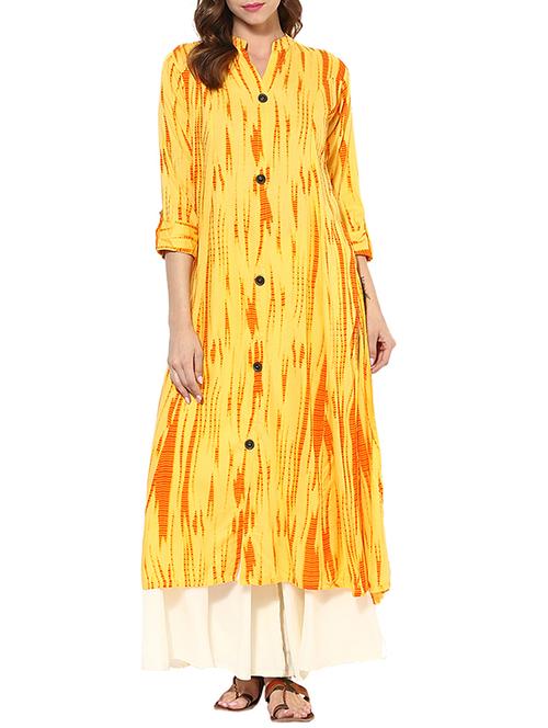 yellow rayon printed long kurta - 13427858 - Very Small Image - 1