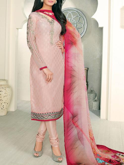 peach santoon embroidered dress material - 13430781 - Very Small Image - 1