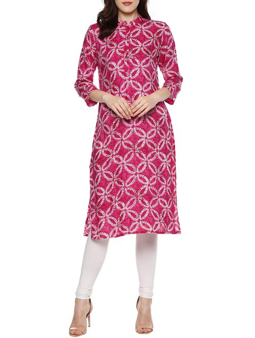 pink rayon block printed straight kurta - 13431134 - Very Small Image - 1