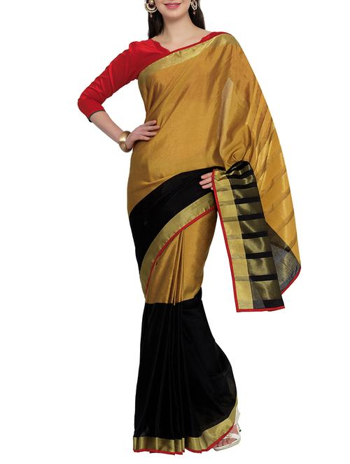 mustard & black satin woven saree with blouse - 13432417 - Very Small Image - 1