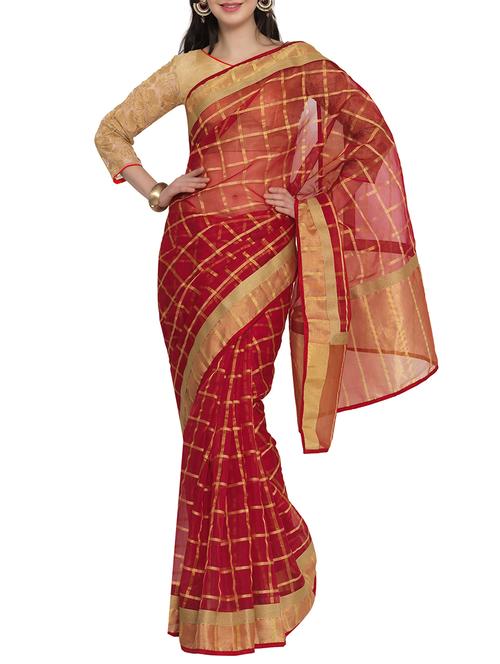 red woven  saree with blouse - 13432419 - Very Small Image - 1