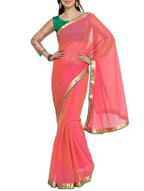 pink bordered chiffon  saree with blouse - 13432426 - Very Small Image - 1