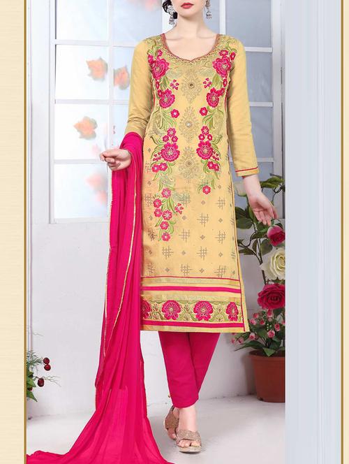 beige cotton embroidered churidaar suits dress material - 13432720 - Very Small Image - 1