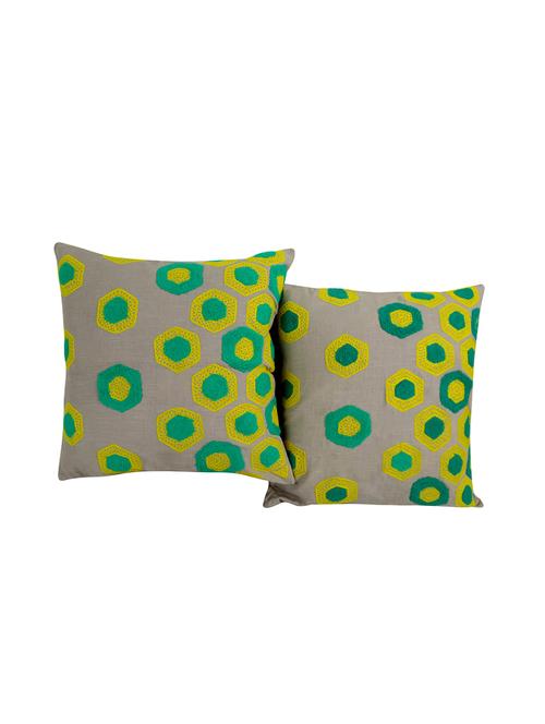 rajrang towel embroidered set of 2 pcs. cotton linen geometric cushion cover - 13435055 - Very Small Image - 1