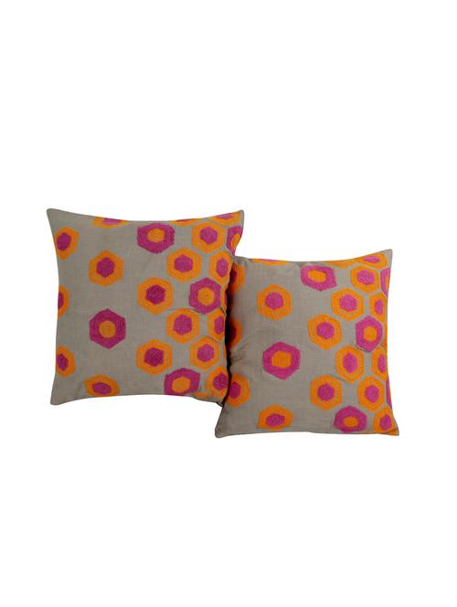 rajrang towel embroidered set of 2 pcs. cotton linen geometric cushion cover - 13435056 - Very Small Image - 1