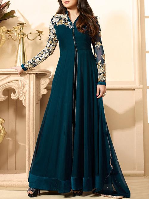 blue embroidered anarkali unstitched suit - 13435402 - Very Small Image - 1