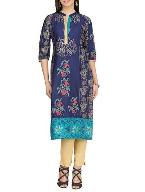blue cotton straight kurta - 13438128 - Very Small Image - 1