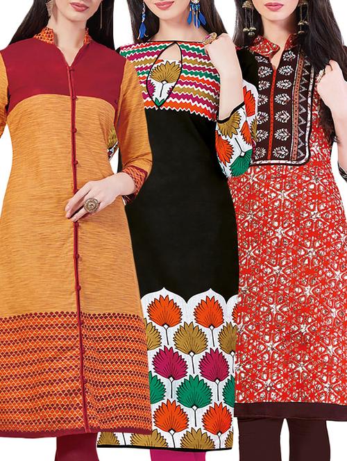 set of 3 multi colored cotton unstitched kurta - 13442162 - Very Small Image - 1
