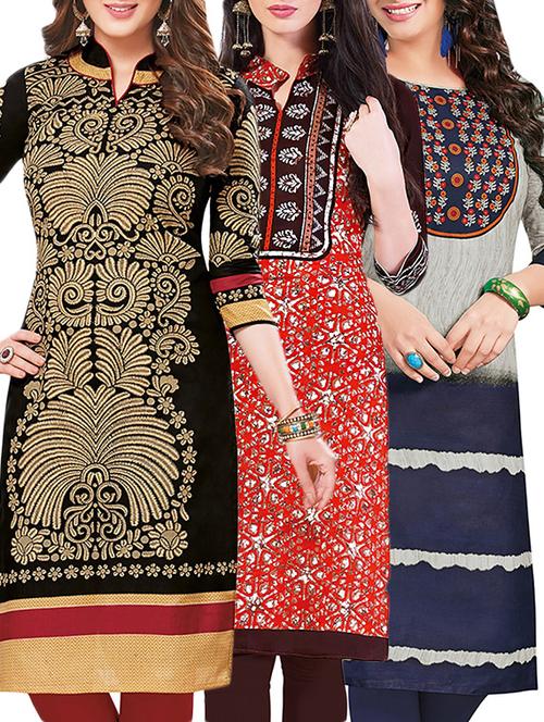 set of 3 multi colored cotton unstitched kurta - 13442192 - Very Small Image - 1