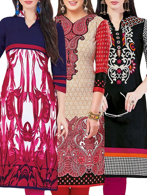 set of 3 multi colored cotton unstitched kurta - 13442223 - Very Small Image - 1