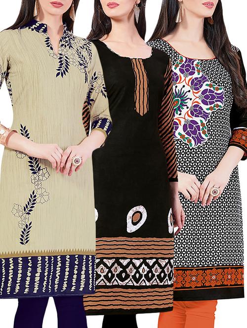 set of 3 multi colored cotton unstitched kurta - 13442265 - Very Small Image - 1
