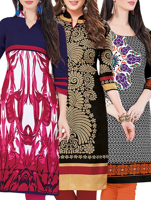 combos (set of 3) multi colored cotton unstitched kurta - 13442277 - Very Small Image - 1