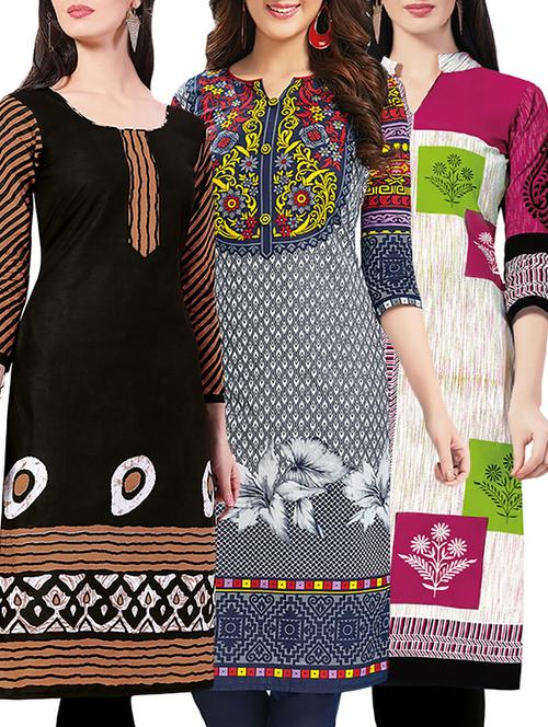 set of 3 multi colored cotton unstitched kurta - 13442427 - Very Small Image - 1