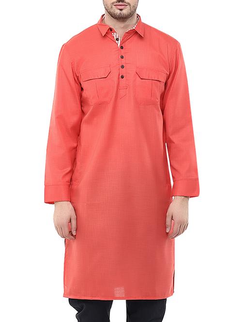 solid coral polyester kurta - 13445281 - Very Small Image - 1