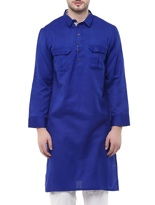 solid royal blue polyester pathani kurta - 13445283 - Very Small Image - 1