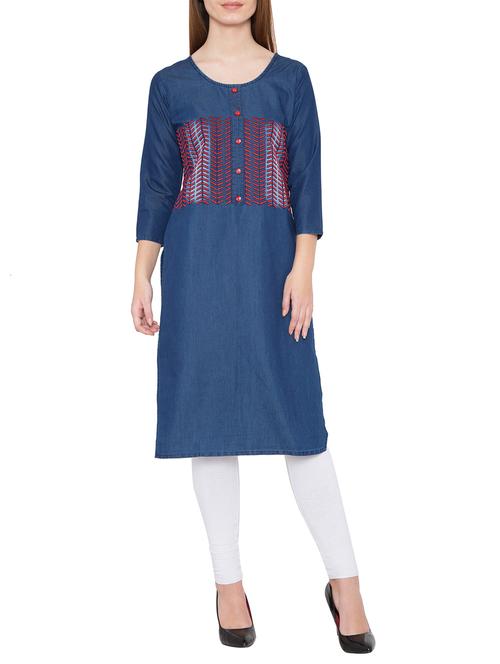 Embroidered denim kurta - 13446192 - Very Small Image - 1