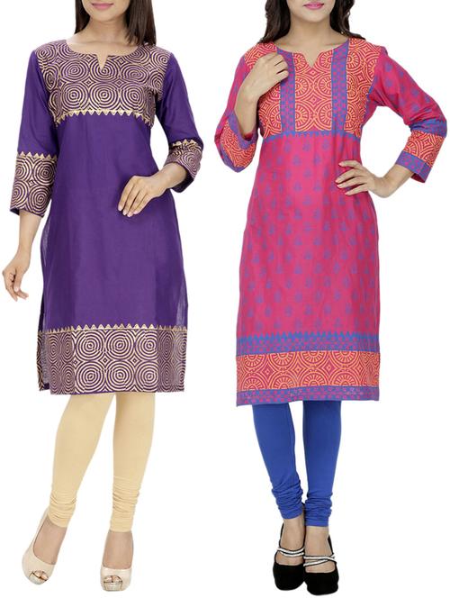 set of 2 multi cotton printed kurta - 13450955 - Very Small Image - 1