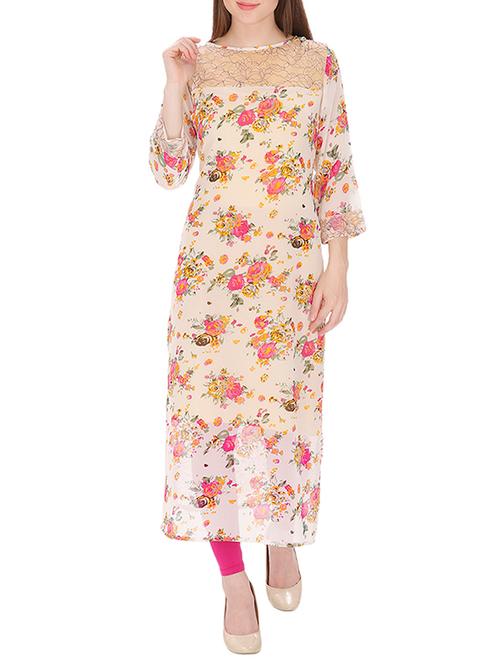 beige georgette floral printed long kurta - 13451746 - Very Small Image - 1
