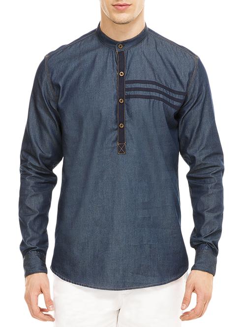 solid blue cotton short kurta - 13453357 - Very Small Image - 1