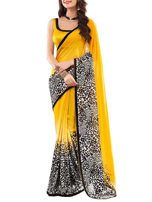 yellow georgette printed saree with blouse - 13454208 - Very Small Image - 1