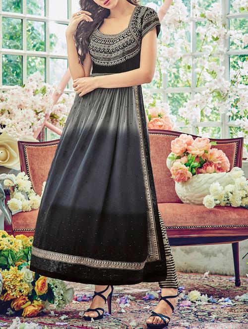 black georgette embroidered flared dress material - 13454824 - Very Small Image - 1