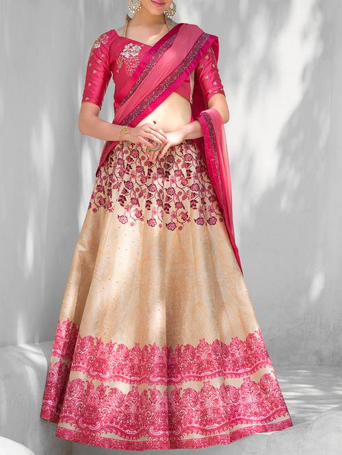 beige silk printed flared lehenga - 13455055 - Very Small Image - 1